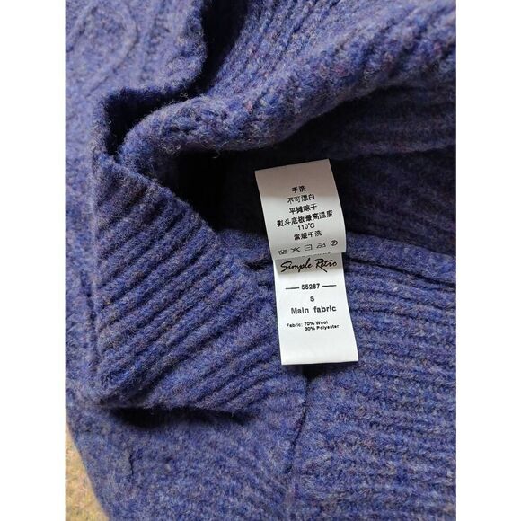 Simple retro womens small cable heathered purple wool sweater classic crew neck - Picture 7 of 8